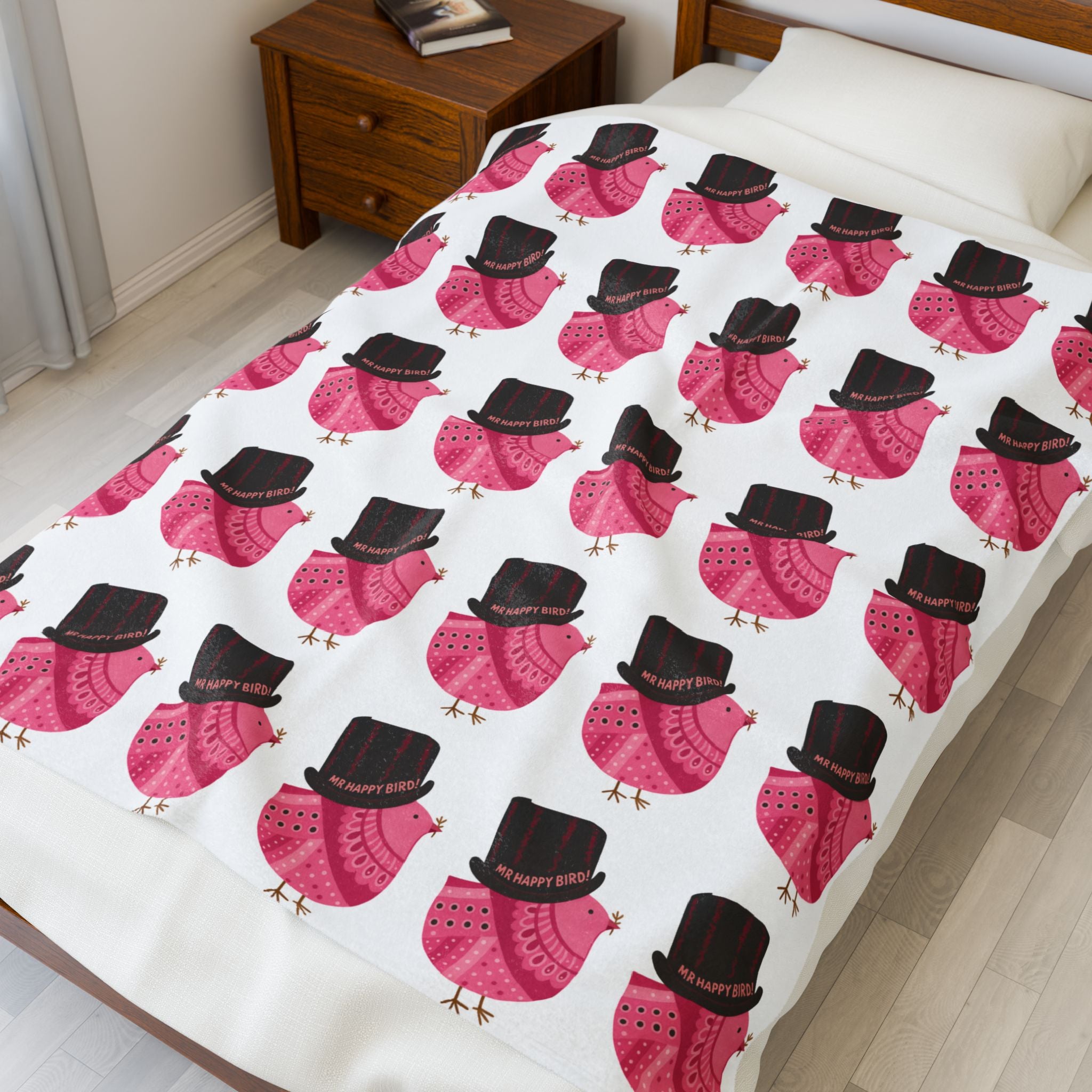 Mr Happy Bird! Pink Out Whimsical Plush Blanket with Pink Birds and Top Hats, Cozy Gift for Kids, Decorate Living Room, Perfect for Winter, Snuggle Up!