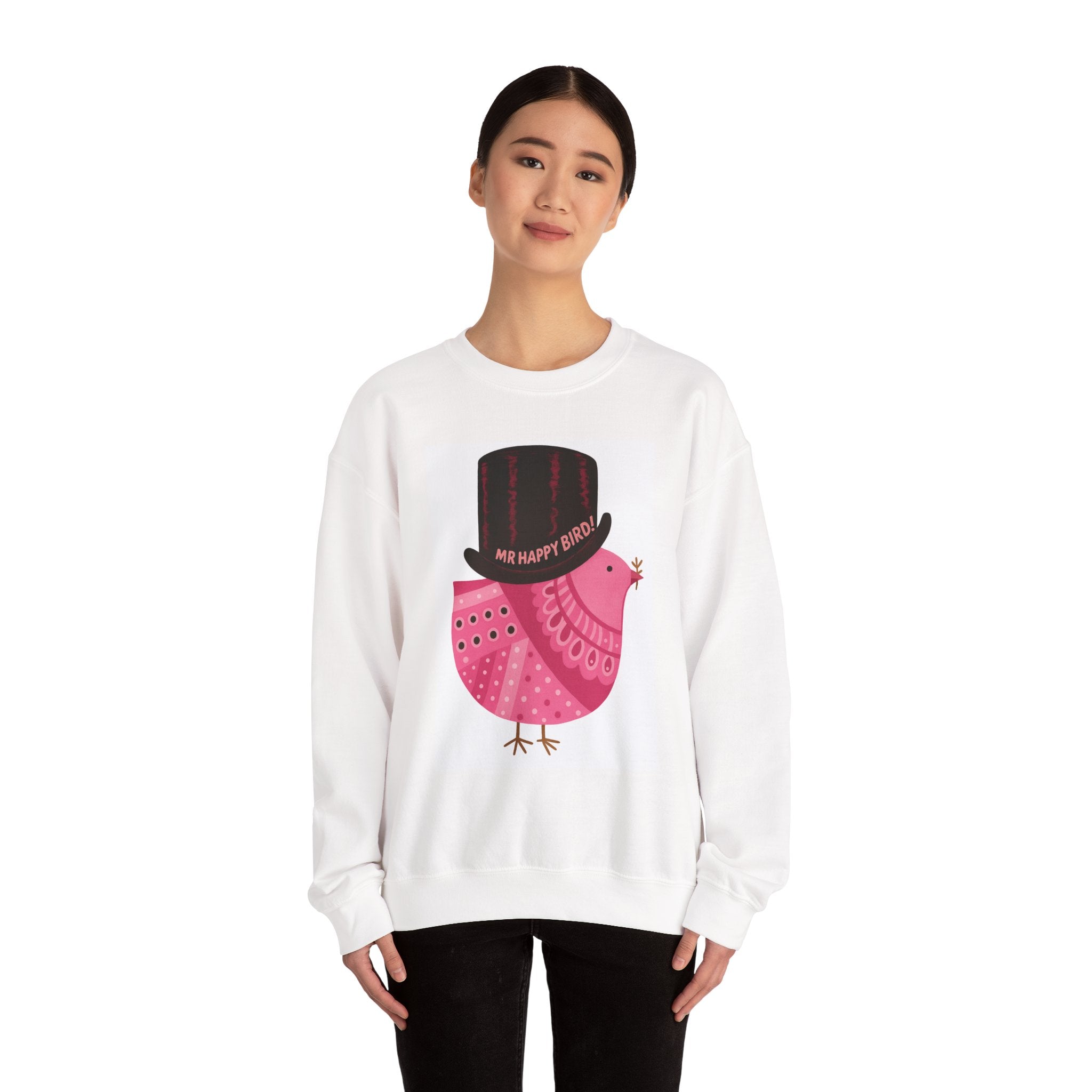 Mr Happy Bird! Pink Out Cute Bird Art Crewneck Sweatshirt, Unisex Sweatshirt, Gift for Bird Lovers, Casual Wear, Fun Fashion, Cozy Sweatshirt